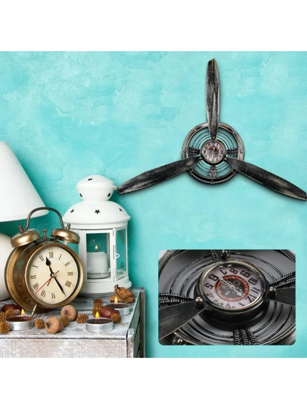 Vintage Airplane Propeller Wall Clock Decor - Metal Art, 29.5